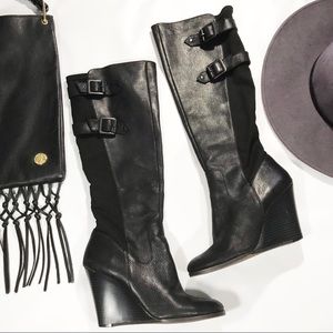 Black Wedge Knee-High Boots